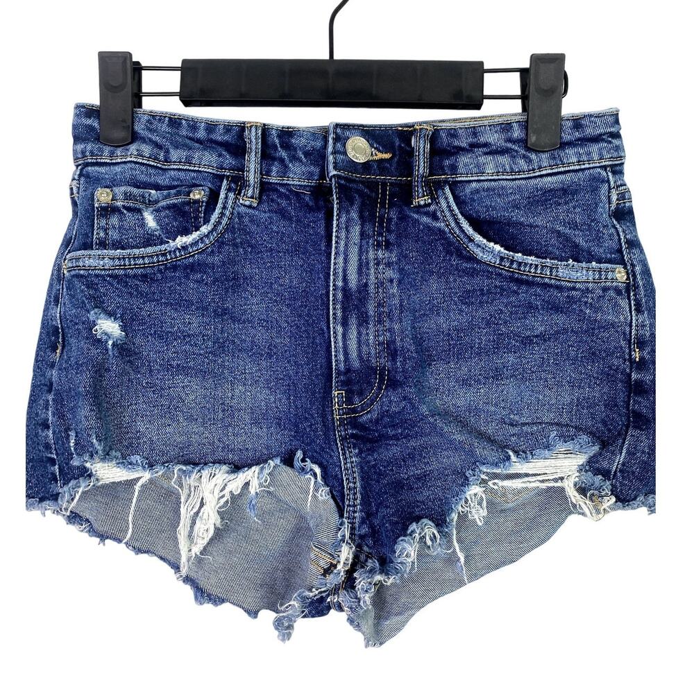 ZARA Mid Rise Cuttoff Frayed Jean Shorts Stretch Raw Ripped Hem Pockets 4 Blue